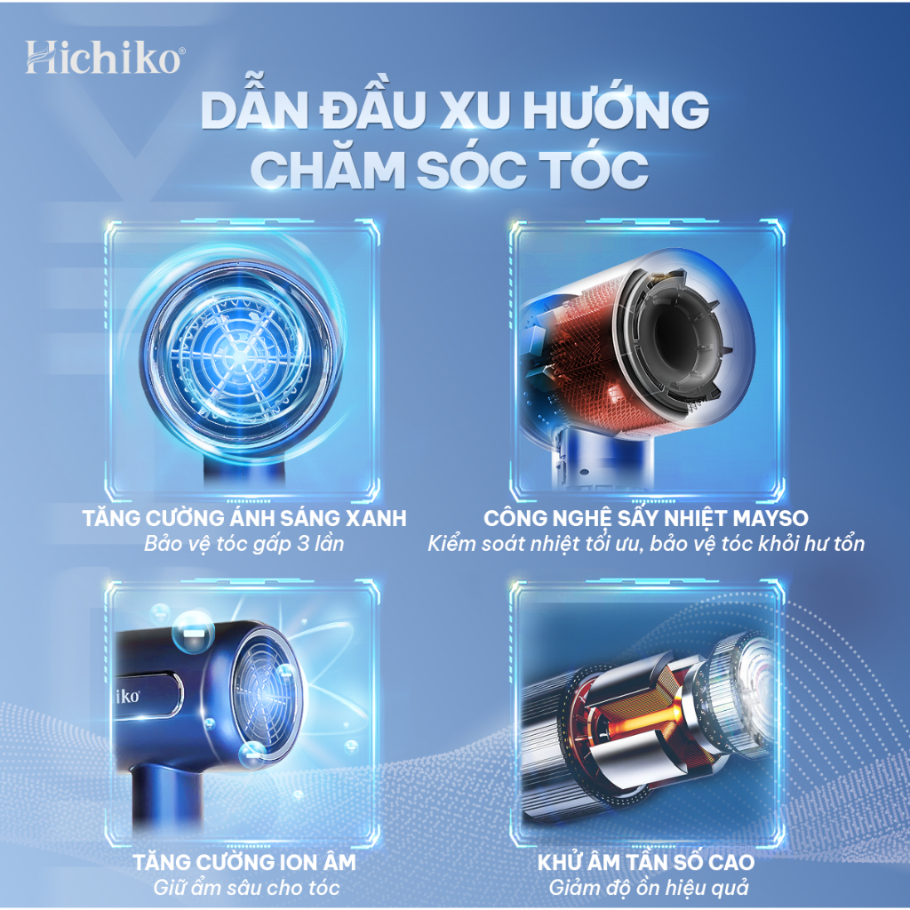 Máy sấy tóc Hichiko HC5510A/B cao cấp 2 chiều công suất lớn 2000W, có ion âm và ánh sáng xanh