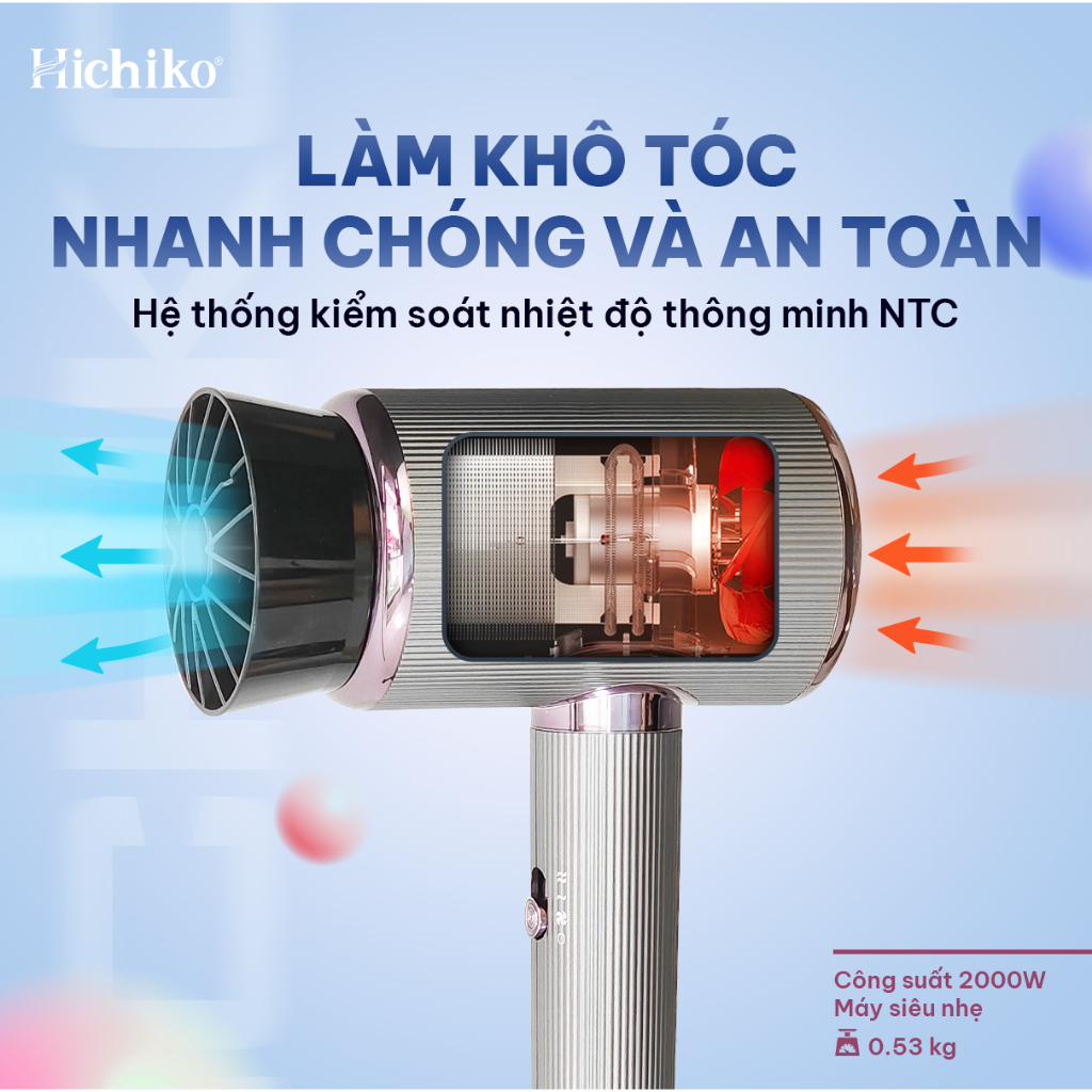 Máy sấy tóc Hichiko HC5510 cao cấp 2 chiều công suất lớn 2000W, có ion âm và ánh sáng bảo vệ tóc