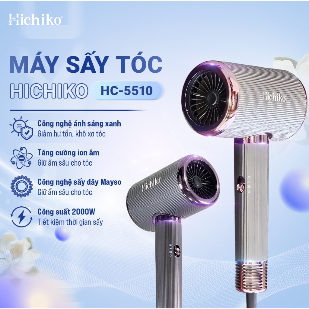 Máy sấy tóc Hichiko HC5510 cao cấp 2 chiều công suất lớn 2000W, có ion âm và ánh sáng bảo vệ tóc