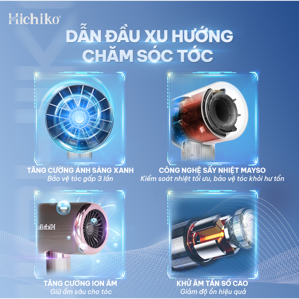 Máy sấy tóc Hichiko HC5510 cao cấp 2 chiều công suất lớn 2000W, có ion âm và ánh sáng bảo vệ tóc