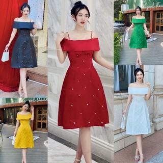 Đầm xòe thiết kế 2 dây kết hạt đan eo cao cấp- TKO