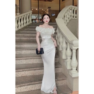 Đầm dạ hội thiết kế trễ vai bèo ngực phi lụa đính kết đá cao cấp-TKO