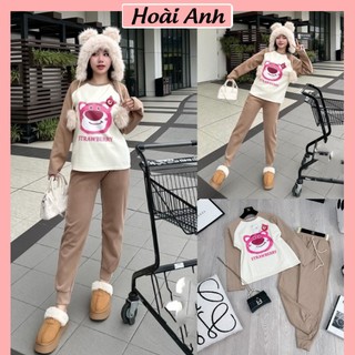 Set Bộ Đồ Nữ Gấu STRAWBERRY Áo Nỉ 2 Da Phối Màu Tay Giáp Lăng Mix Quần Dài Nâu Boom Gấu Freesize