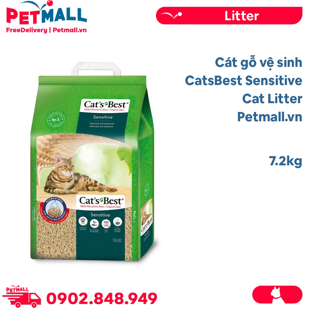 Cát gỗ vệ sinh CatsBest Sensitive Cat Litter 7.2kg làm từ gỗ Germany