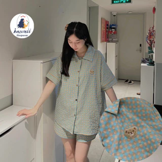 BỘ PIJAMA ĐÙI CARO ĐÍNH GẤU SIZE 40-60KG, PIJAMA CARO FORM RỘNG, STYLE HÀN QUỐC PHONG CÁCH TRẺ TRUNG