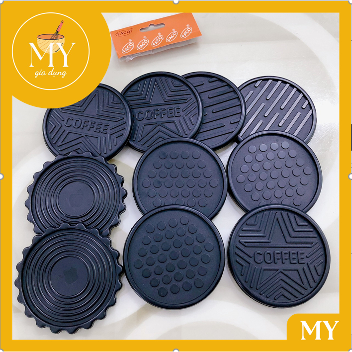 Combo 10 miếng lót ly nhựa dẻo màu đen 9cm - Lót ly nhựa dẻo màu đen FACO sử dụng tiện lợi cho hàng quán