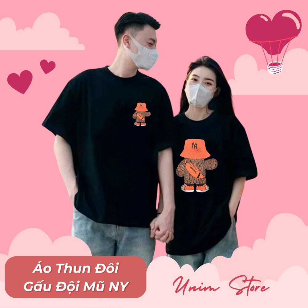 [Siêu tốc 4h] Áo Thun Đôi Gấu Đội Mũ NY Cotton Cao Cấp 250 Gsm Form Rộng Unisex Nhiều Màu AP189