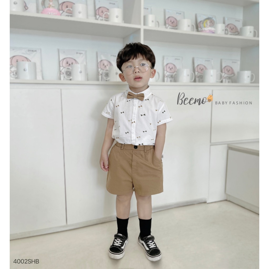 Bộ sơ mi công tử in hoạ tiết nơ, set sơ mi công tử kèm nơ hàng thiết kế Beemo