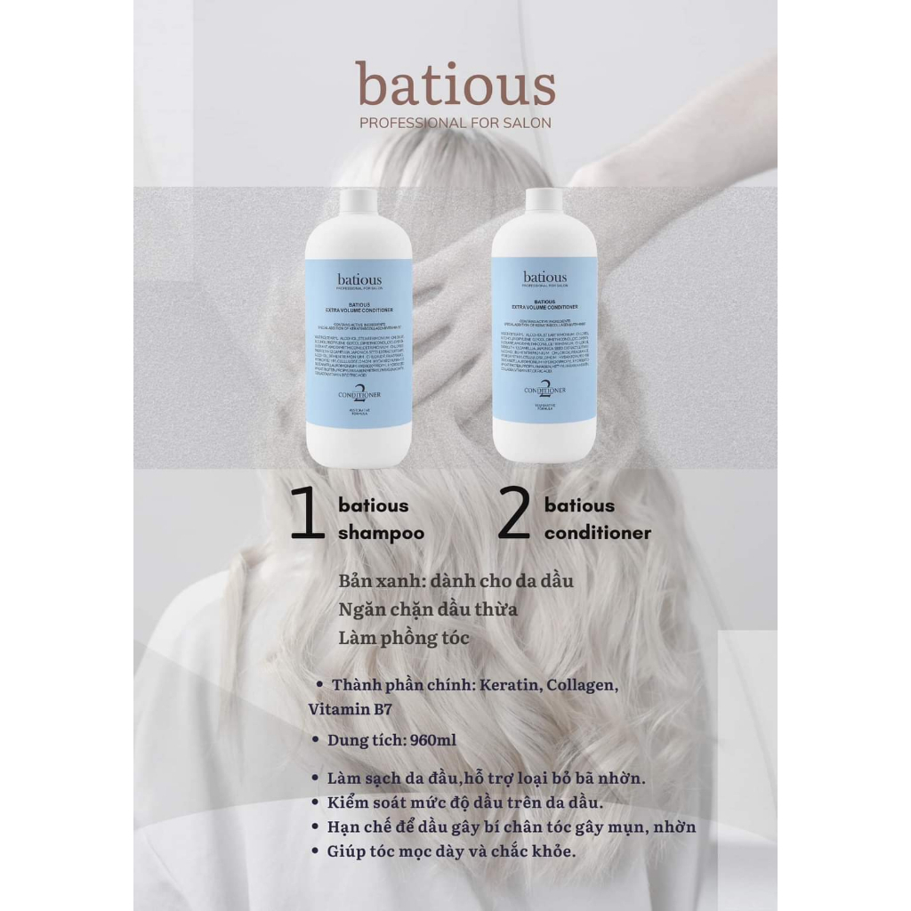 Dầu Gội, Xả Batious Xanh Dành Cho Da Dầu, Làm Phồng Chân Tóc 500ml-960ml
