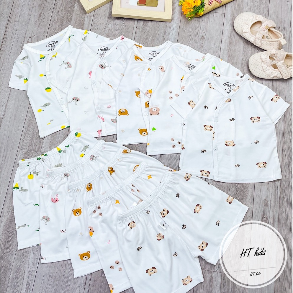 Bộ quần áo CỘC TAY CÀI CHÉO chất thun lạnh họa tiết thú đáng yêu cho bé trai bé gái 3-9kg mesocshop
