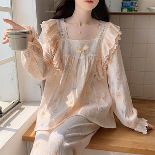 B15 Bộ Ngủ Nữ Tiểu Thư Tay Dài Côt Vuông Chất Thuần Bông Phối Ren,Giữ Nhiệt Co Giãn Tốt Phương Linh Underwear