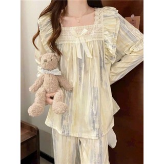 B15 Bộ Ngủ Nữ Tiểu Thư Tay Dài Côt Vuông Chất Thuần Bông Phối Ren,Giữ Nhiệt Co Giãn Tốt Phương Linh Underwear