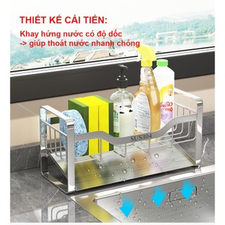 Kệ Inox 304 để đồ rửa chén bát kèm khay hứng nước dốc 45 độ thoát nước tiện lợi