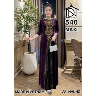 Đầm MAXI trung niên dự tiệc sang trọng vải nhung cao cấp đính đá, tặng mẹ co giãn tốt bigsize 75kg M540