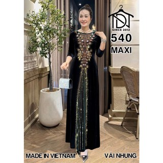 Đầm MAXI trung niên dự tiệc sang trọng vải nhung cao cấp đính đá, tặng mẹ co giãn tốt bigsize 75kg M540