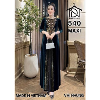 Đầm MAXI trung niên dự tiệc sang trọng vải nhung cao cấp đính đá, tặng mẹ co giãn tốt bigsize 75kg M540