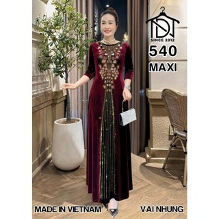 Đầm MAXI trung niên dự tiệc sang trọng vải nhung cao cấp đính đá, tặng mẹ co giãn tốt bigsize 75kg M540