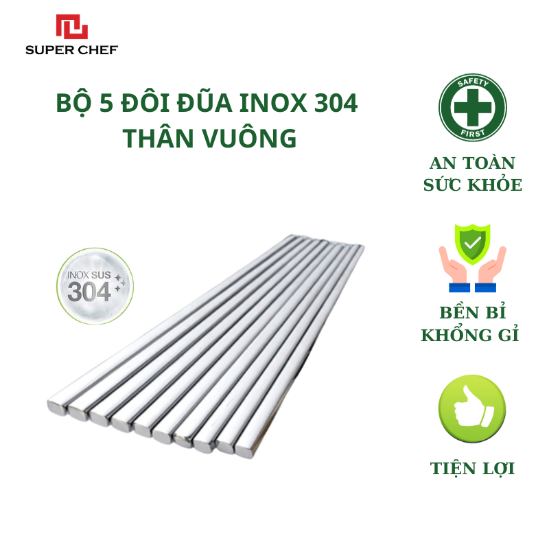 Bộ 5 Đôi Đũa Inox 304 Thân Vuông An Toàn Sức Khỏe,Tiện Lợi Super Chef ...