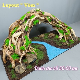 Layout gỗ lũa Sa Quỳ, dành cho bể cá cảnh bể thủy sinh, đã dán liền với đá, cát nằm trên tấm Alu