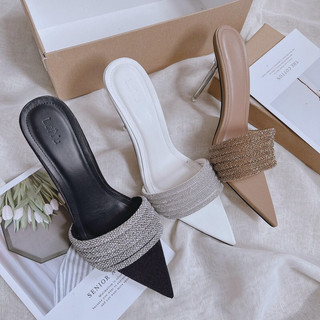 Dép Cao Gót 10p Mieo Shoes - Guốc Nữ Quai Ngang Đá Xoàn Mãnh - Guốc Mũi Nhọn D2523 D2524 D2525
