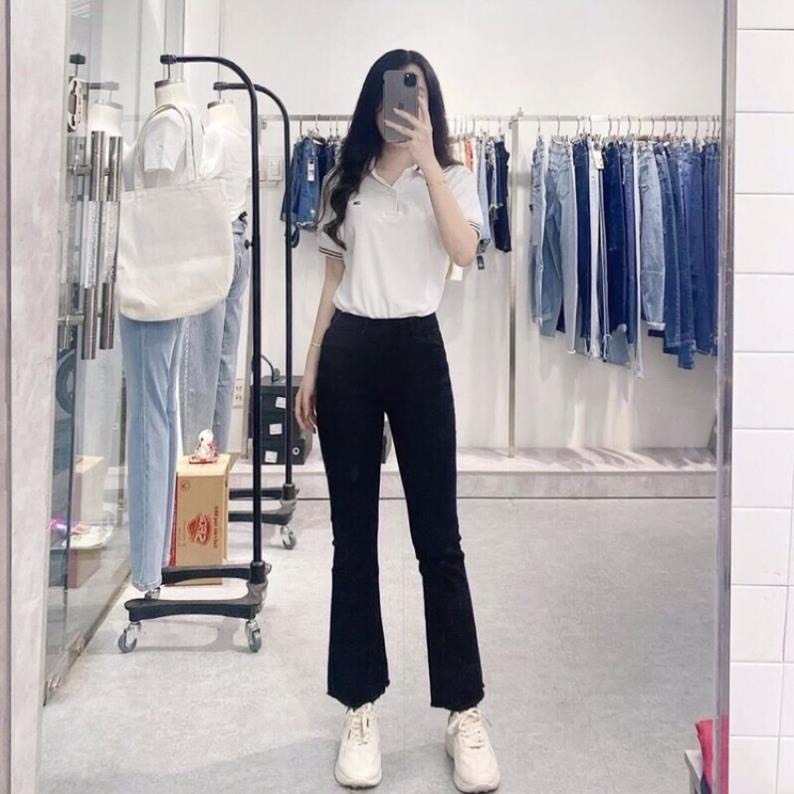 Quần jeans loe co giãn 2 chiều thiết kế rách đùi cắt gấu thời trang