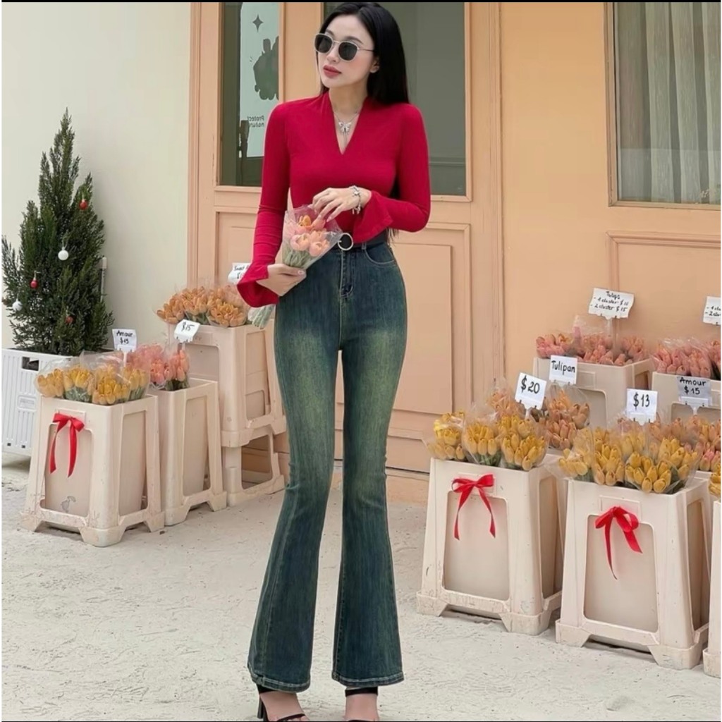 Quần bò jean nữ ống loe đứng rộng suông co giãn jeans cạp cao cao cấp Hottrend