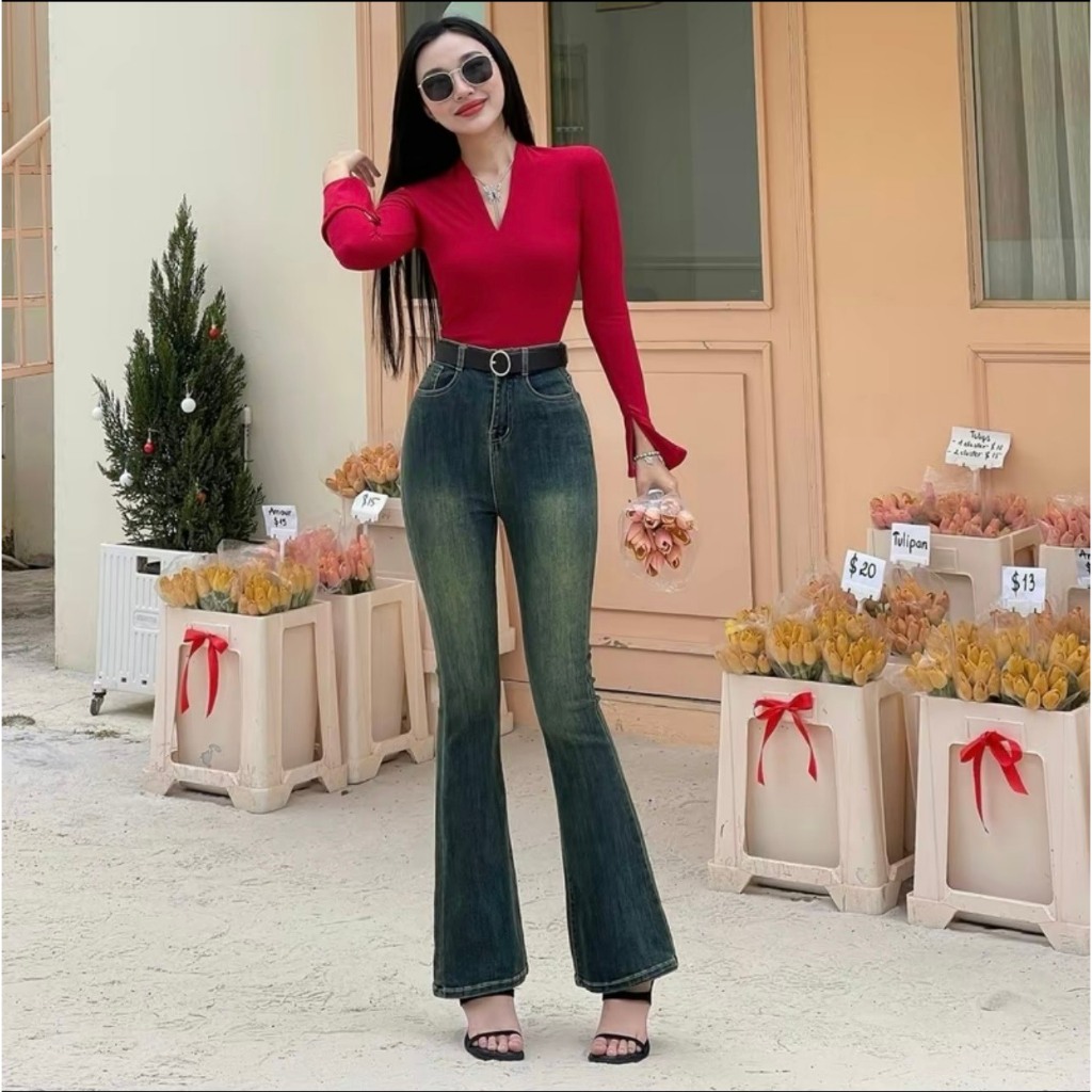 Quần bò jean nữ ống loe đứng rộng suông co giãn jeans cạp cao cao cấp Hottrend
