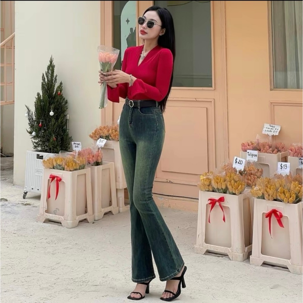 Quần bò jean nữ ống loe đứng rộng suông co giãn jeans cạp cao cao cấp Hottrend