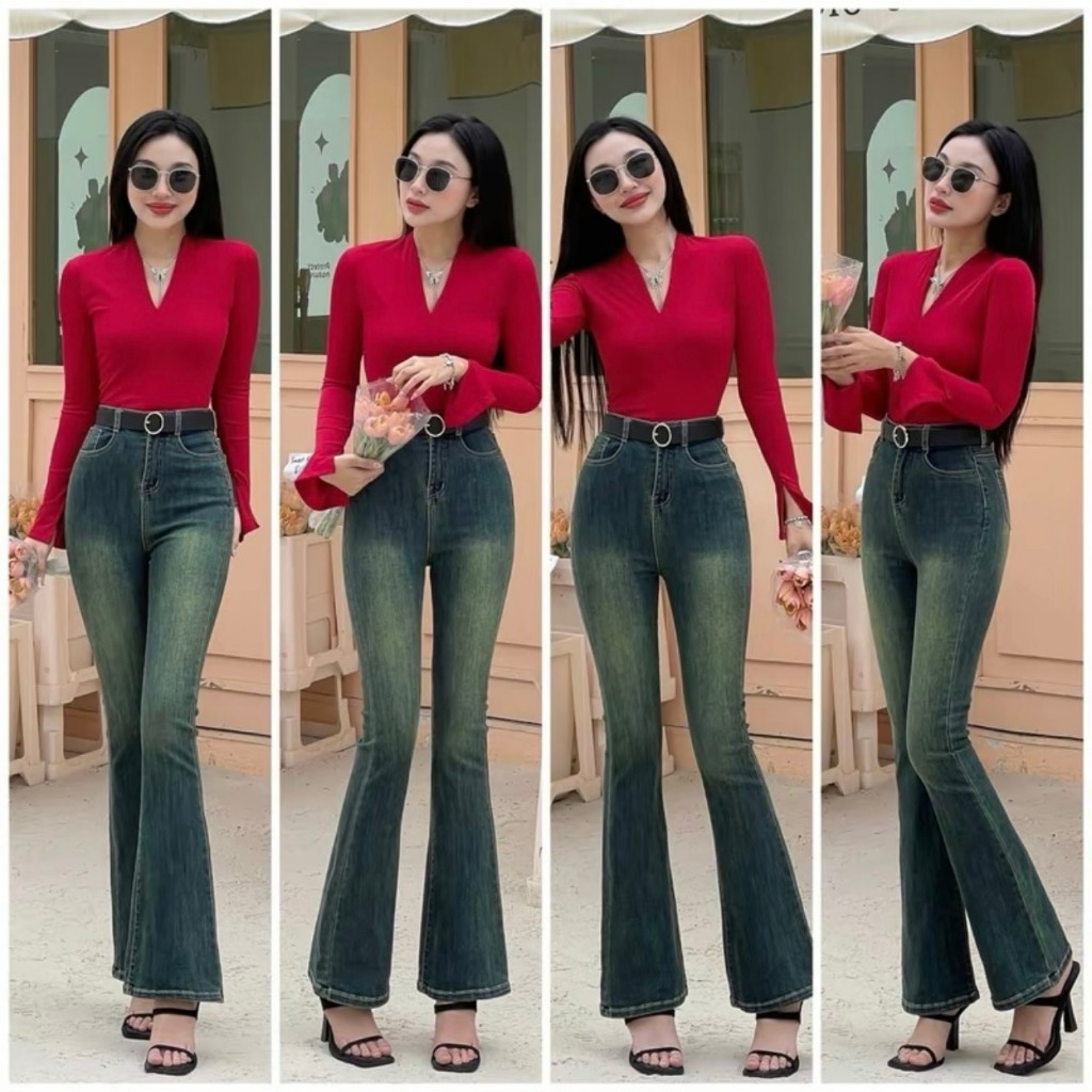 Quần bò jean nữ ống loe đứng rộng suông co giãn jeans cạp cao cao cấp Hottrend
