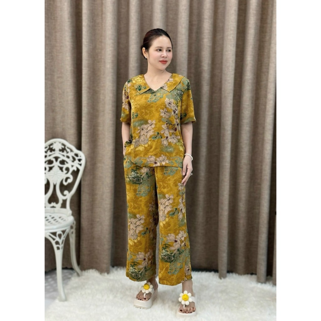 Đồ bộ trung niên cổ vuông quần lửng lụa mango cao cấp ( Cổ Vuông ) HAN.T SHOP Ms03