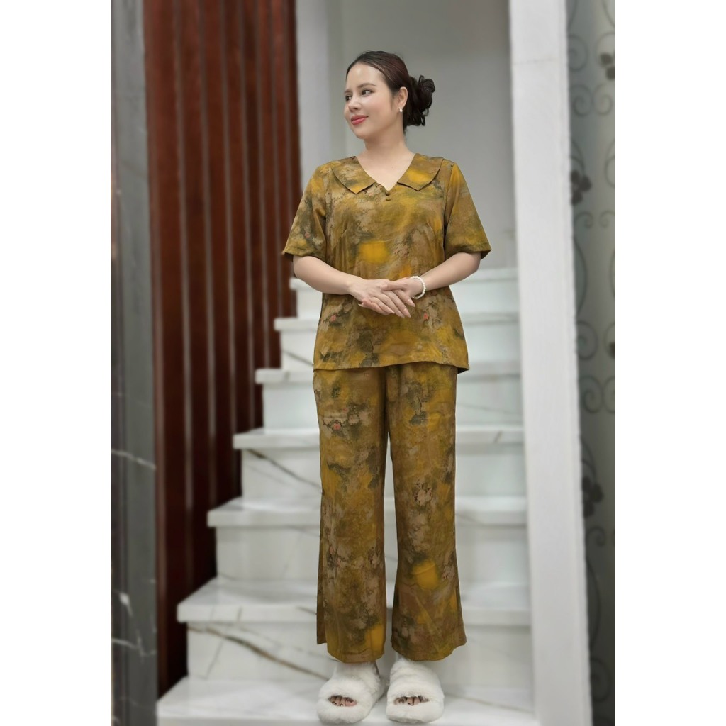 Đồ bộ trung niên cổ vuông quần lửng lụa mango cao cấp ( Cổ Vuông ) HAN.T SHOP Ms03