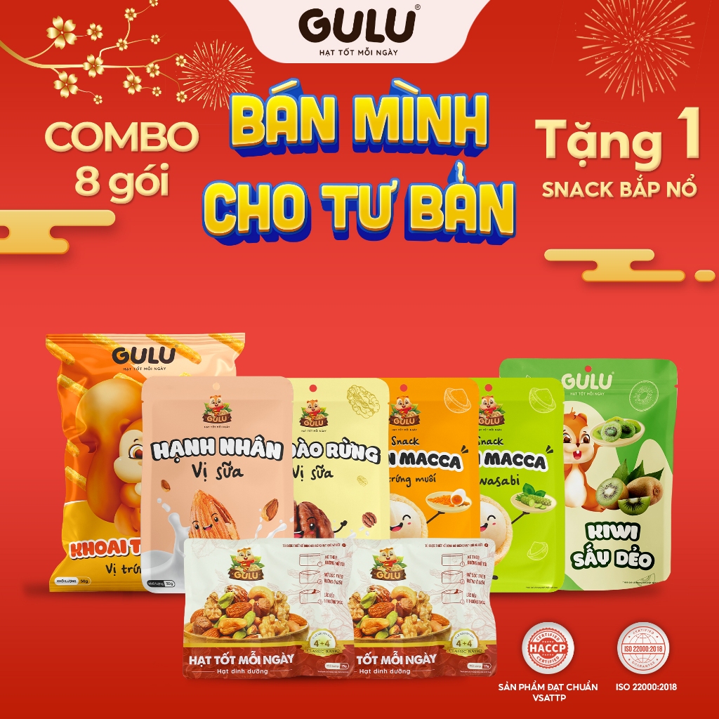 Combo BÁN MÌNH CHO TƯ BẢN GULU FOODS (8 GóiHạt Dinh Dưỡng, Snack Macca,Khoai Tây Chiên Giòn
