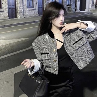 Áo khoác dạ tweed phối tay trắng Forly có đệm vai phong cách Hàn Quốc T041
