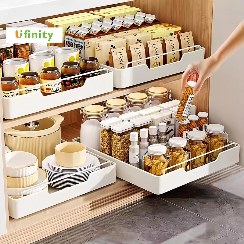 Lifinity Kệ Để Đồ Tủ Bếp Đa Năng INOX, Kệ Bát Đĩa,  Kệ đựng Gia vị, Sơn Tĩnh Điện Trắng, Có Ray Trượt