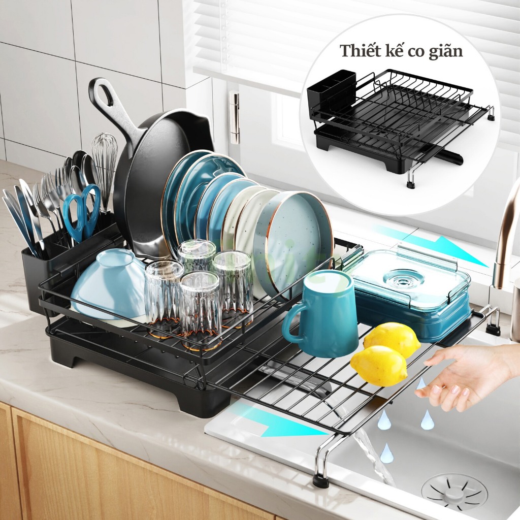 Lifinity Kệ Để Đồ Nhà Bếp Đa Năng, Có Ống Thoát Nước, Màu Đen, Sơn Tĩnh Điện, Kệ Để Cốc