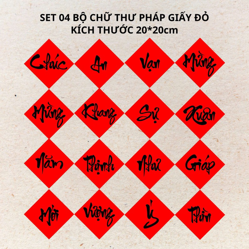 (THƯ PHÁP ĐẸP) SET 04 BỘ CHỮ THƯ PHÁP ĐỎ TRANG TRÍ TẾT 20x20cm (CMNM ...