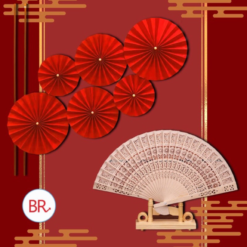 Quạt gỗ xếp làm oản tháp bánh trang trí phong cách cổ trang độc đáo,đẹp và sẵn kho