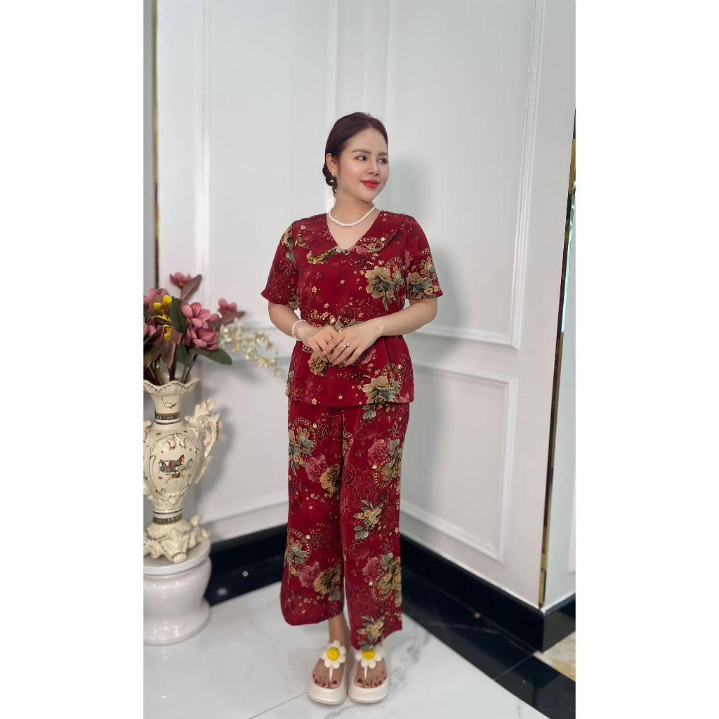 Đồ bộ trung niên cổ vuông quần lửng lụa mango cao cấp ( Cổ Vuông ) HAN.T SHOP Ms03
