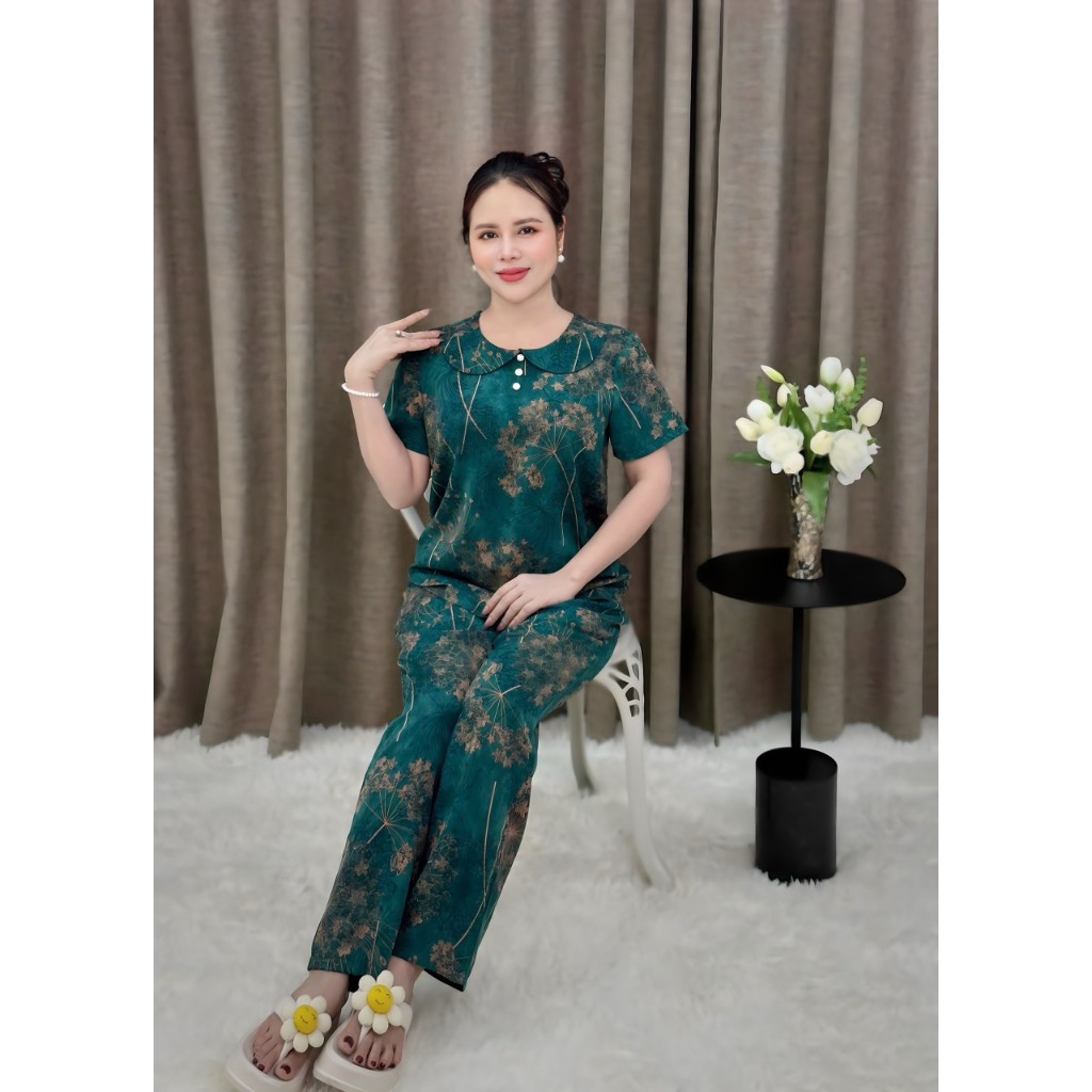 Bộ đồ trung niên lụa mango cao cấp tay ngắn cổ tròn quần dài ( cổ bèo ) HAN.T SHOP