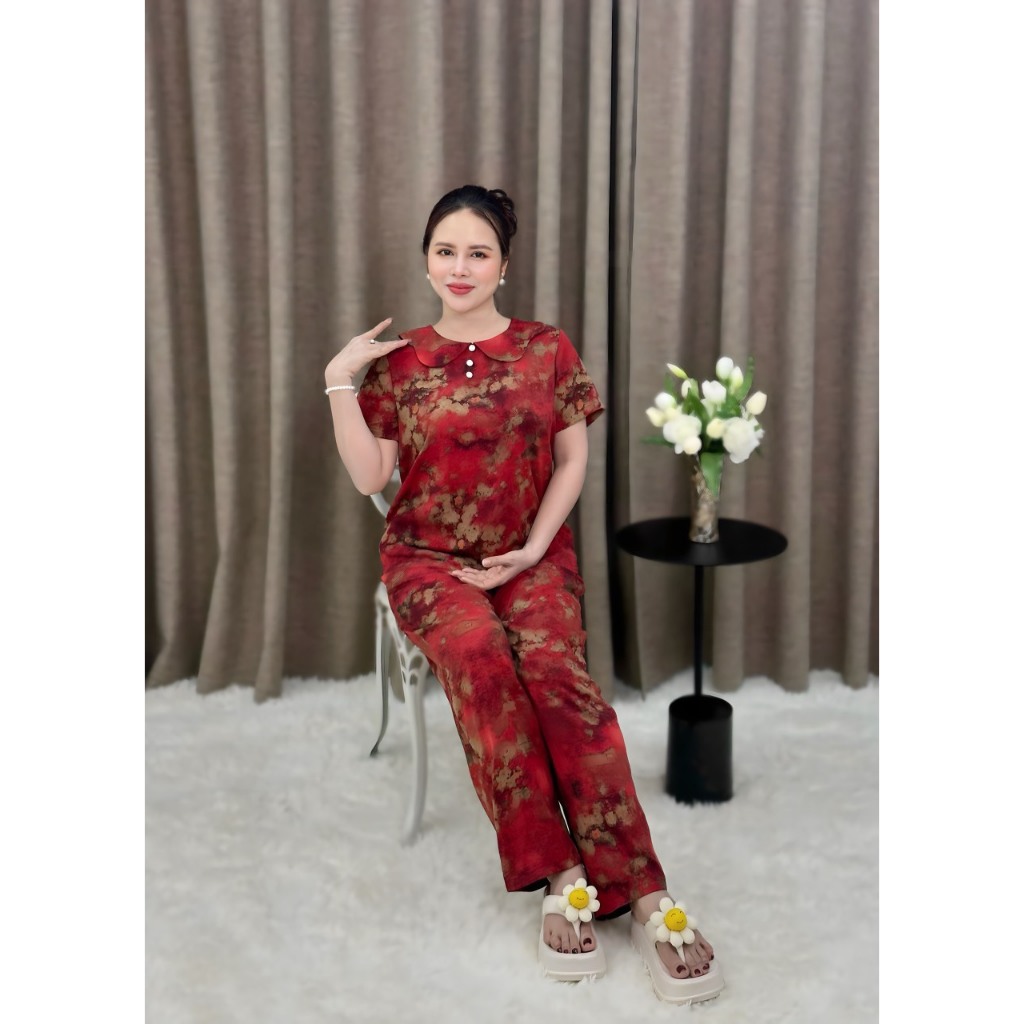 Bộ đồ trung niên lụa mango cao cấp tay ngắn cổ tròn quần dài ( cổ bèo ) HAN.T SHOP