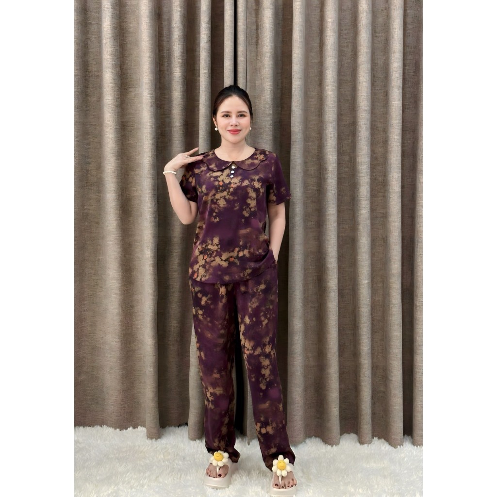 Bộ đồ trung niên lụa mango cao cấp tay ngắn cổ tròn quần dài ( cổ bèo ) HAN.T SHOP