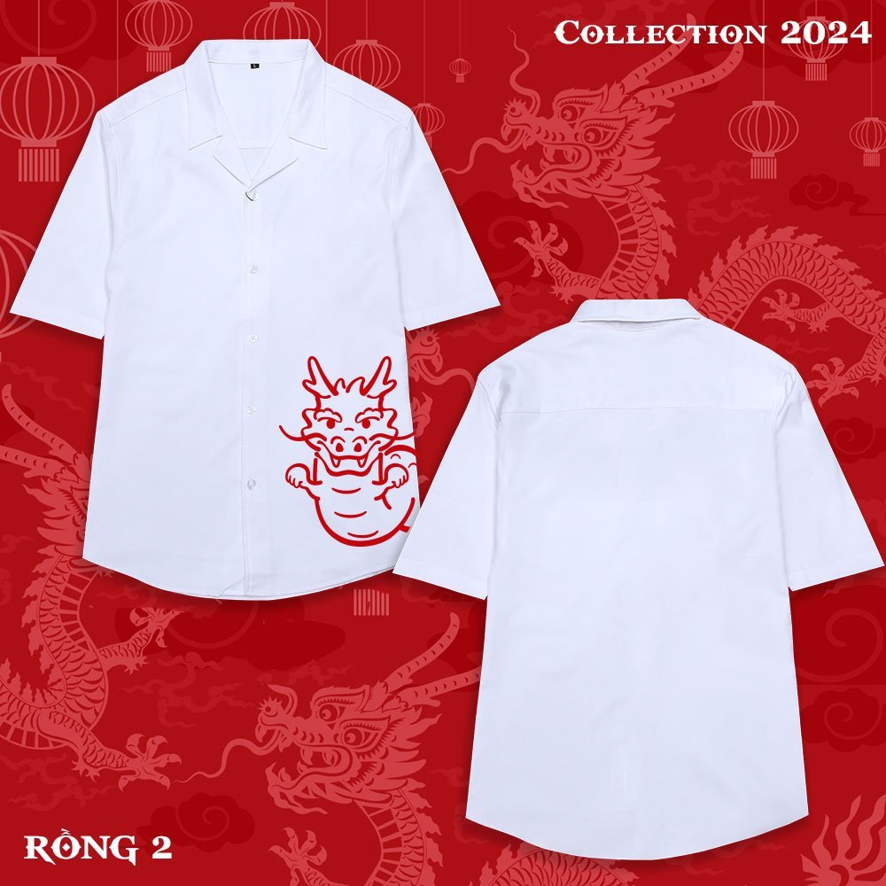 BST Áo Sơ Mi họa tiết RỒNG TẾT 2024, tay ngắn, cổ vest Thời trang Nam và Nữ, chất vải lụa Chéo mát mẻ, thấm hút mồ hôi.