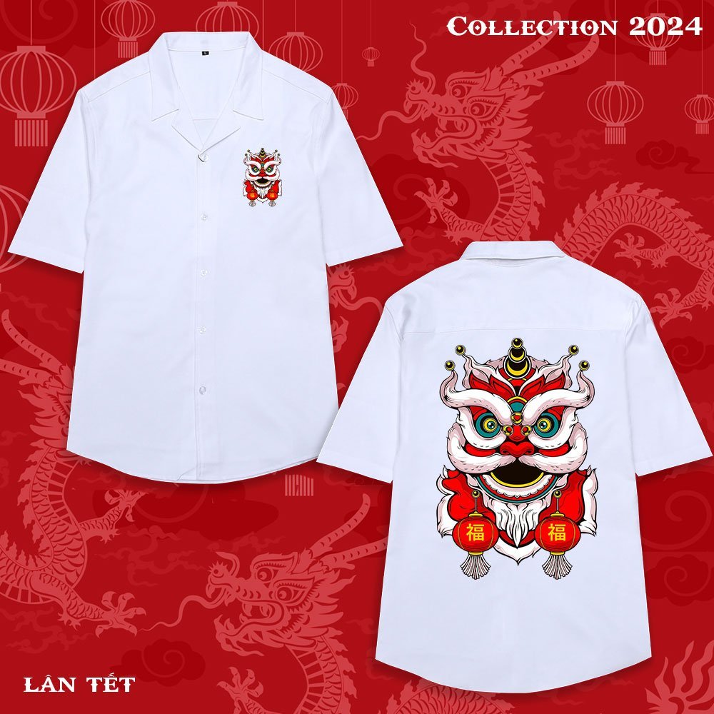 BST Áo Sơ Mi họa tiết RỒNG TẾT 2024, tay ngắn, cổ vest Thời trang Nam và Nữ, chất vải lụa Chéo mát mẻ, thấm hút mồ hôi.