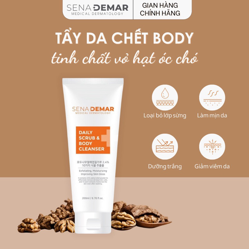 Sữa tắm tẩy tế bào chết toàn thân Sena demar daily scrub & body cleanser 200ml -hạn 2028 HQ sữa tắm senademar  IS148