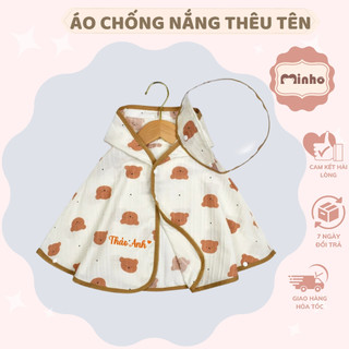 Áo choàng xô muslin THÊU TÊN cho bé, áo choàng tránh nắng, tránh gió kèm mũ chắn giọt bắn trẻ em
