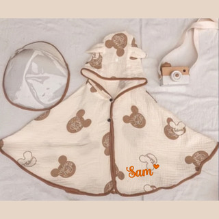 Áo choàng xô muslin THÊU TÊN cho bé, áo choàng tránh nắng, tránh gió kèm mũ chắn giọt bắn trẻ em