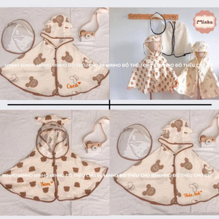 Áo choàng xô muslin THÊU TÊN cho bé, áo choàng tránh nắng, tránh gió kèm mũ chắn giọt bắn trẻ em