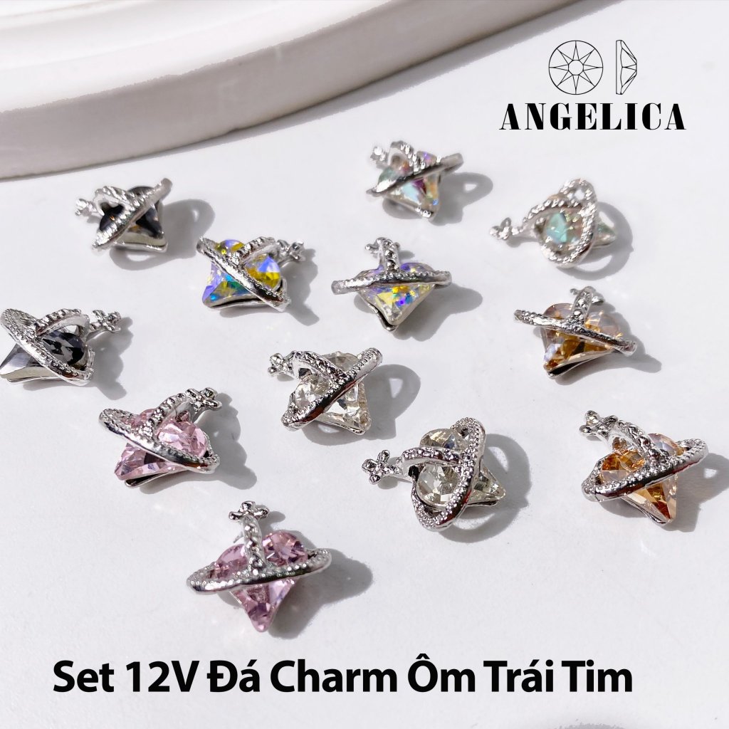 Set 12- 15 viên đá khối nơ đính nail trái tim chữ nhật bo trang trí móng ANGELICA