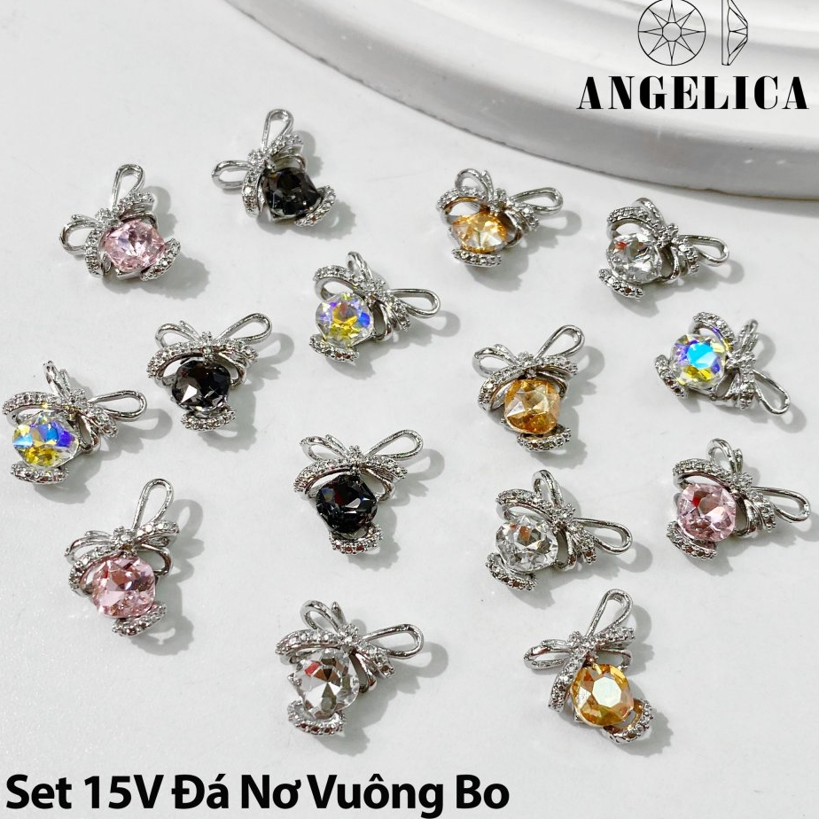 Set 12- 15 viên đá khối nơ đính nail trái tim chữ nhật bo trang trí móng ANGELICA