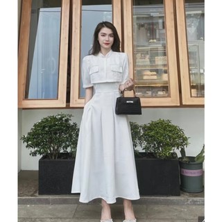 Set dạ tweed trắng Quảng Châu thiết kế phối lông vai tiểu thư, chân váy xòe dài siêu xinh
